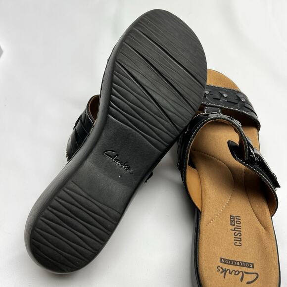 Clarks Collection Black Leather Wedge Sandals Size 7 Studded Adjustable Braided - Picture 7 of 8